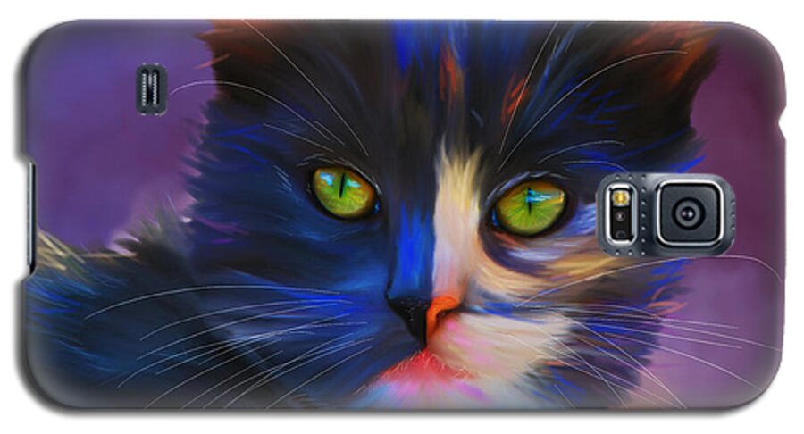Cat Galaxy S5 Case featuring the painting Meesha Colorful Cat Portrait by Michelle Wrighton