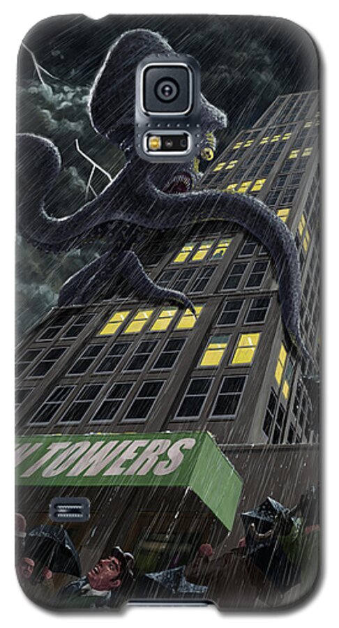 Monster Galaxy S5 Case featuring the painting Monster Octopus attacking building in storm by Martin Davey