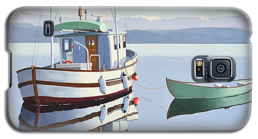 Fishing Boat Galaxy S5 Case featuring the painting Morning calm-fishing boat with skiff by Gary Giacomelli