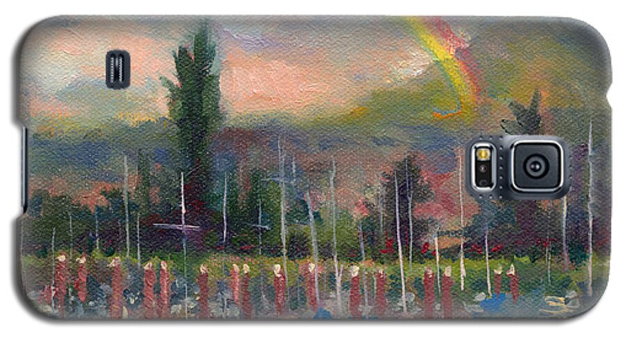 Rainbow Galaxy S5 Case featuring the painting New Covenant - rainbow over marina by Talya Johnson