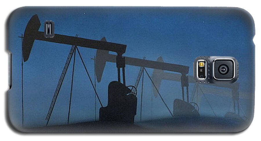 Night Sky Stars Mist Dunes Pump Oil Industry Landscape Petrol Bp Esso Shell Blue Rig Galaxy S5 Case featuring the painting Nocturnal donkeys by Guy Pettingell
