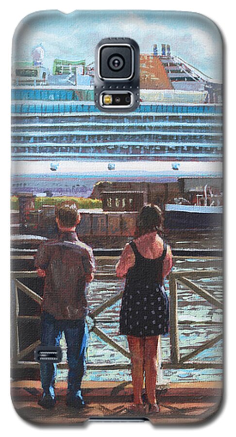 Ship Galaxy S5 Case featuring the painting People at Southampton Eastern Docks viewing ship by Martin Davey