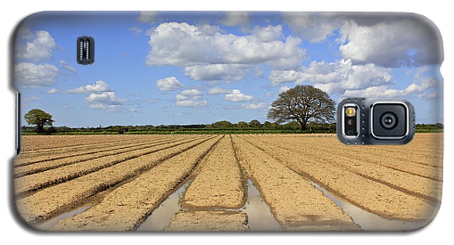 Ploughed Field Uk English British Landscape Countryside Furrow Tracks Converging Lines Earth Agriculture Farming Farmland Fertile Oak Fluffy Clouds Blue Sky Summer Galaxy S5 Case featuring the photograph Ploughed Field by Julia Gavin