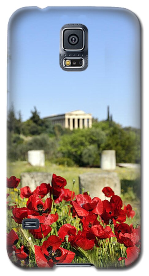Poppy; Corn Poppy; Papaver Rhoeas; Red; Flower; Wild; Plant; Spring; Print; Photograph; Photography; Athens; Greece; Hellas; Ancient Market; Temple; Hephaestus; Antiquity; Blue; Sky; Ancient; Springtime; Season; Nature; Natural; Natural Environment; Natural World; Flora; Bloom; Blooming; Blossom; Flowers; Blossoming; Color; Colour; Colorful; Colourful; Earth; Environment; Country; Landscape; Countryside; Scenery; Macro; Close-up; Detail; Details; Artistic; Poppies Galaxy S5 Case featuring the photograph Poppy flowers in Ancient Market by George Atsametakis