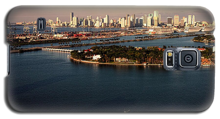 Sunrise Galaxy S5 Case featuring the photograph Retro Style Miami Skyline Sunrise and Biscayne Bay by Gary Dean Mercer Clark