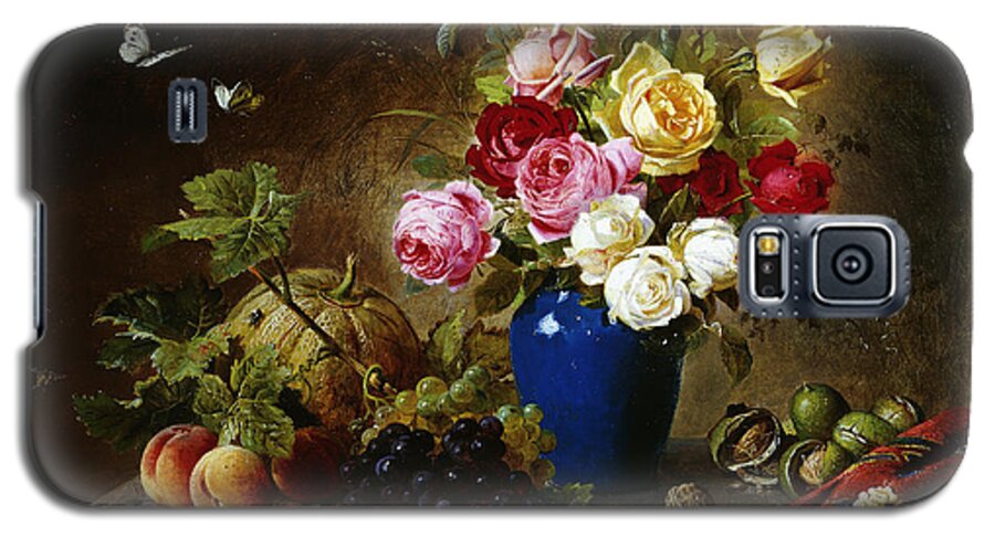 Still-life Galaxy S5 Case featuring the painting Roses in a Vase Peaches Nuts and a Melon on a Marbled Ledge by Olaf August Hermansen