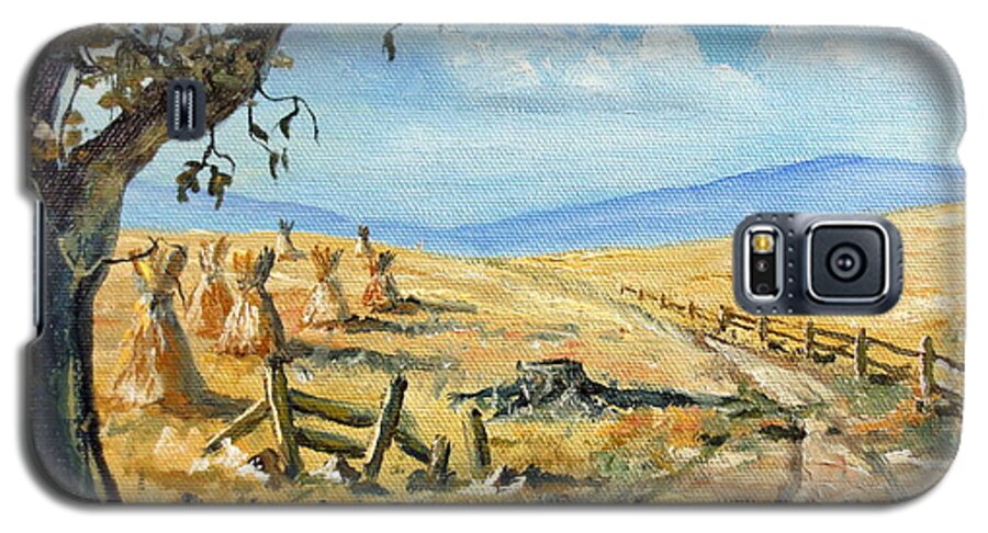 Lee Piper Galaxy S5 Case featuring the painting Rural Farmland Americana Folk Art Autumn Harvest Ranch by Lee Piper