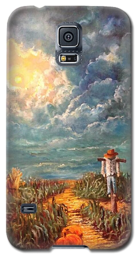 Halloween Galaxy S5 Case featuring the painting Scarecrow, Moon, Pumpkins and Mystery by Rand Burns