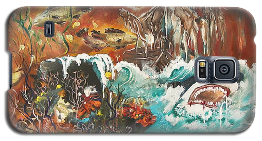 Shark Bait Fish Ocean Wave Seaweed Ship Boat Storm Under The Sea Sail Element Trouble Water Tragedy Fighting For Life Struggle Drown Be Drowned Sink Whirlpool Abyss Abstract Print Painting Acrylic Galaxy S5 Case featuring the painting Shark Bait by Miroslaw Chelchowski