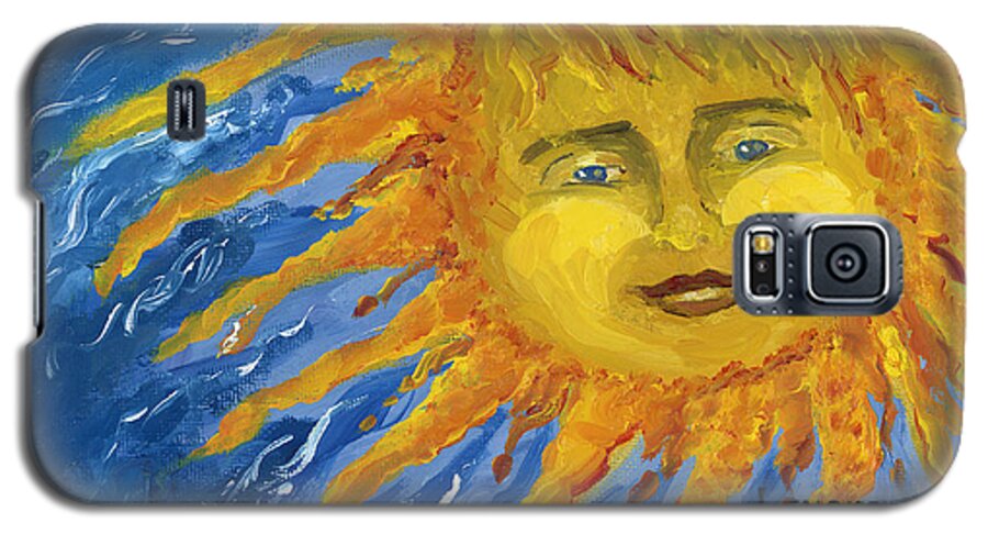 Sun Galaxy S5 Case featuring the painting Smiling Yellow Sun in Blue Sky by Lenora De Lude