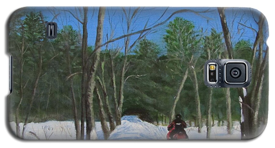 Landscape Galaxy S5 Case featuring the painting Snowmobile on Trail by Linda Feinberg