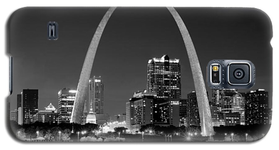 St. Louis Skyline Galaxy S5 Case featuring the photograph St. Louis Skyline at Night Gateway Arch Black and White BW Panorama Missouri by Jon Holiday