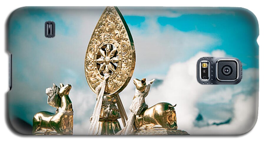 Deer Galaxy S5 Case featuring the photograph Stautes Of Deer and Golden Dharma Wheel by Raimond Klavins