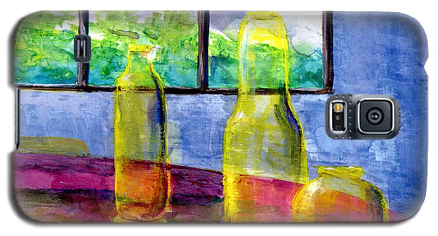 Yellow Galaxy S5 Case featuring the painting Still Life Art Bright Yellow Bottles and Blue Wall by Lenora De Lude