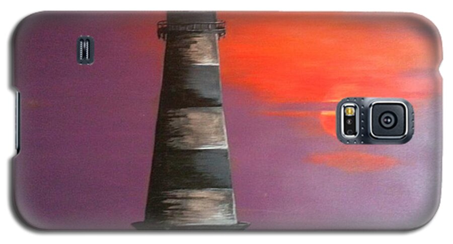 Church Galaxy S5 Case featuring the painting Sunset and Lighthouse by Joetta Beauford