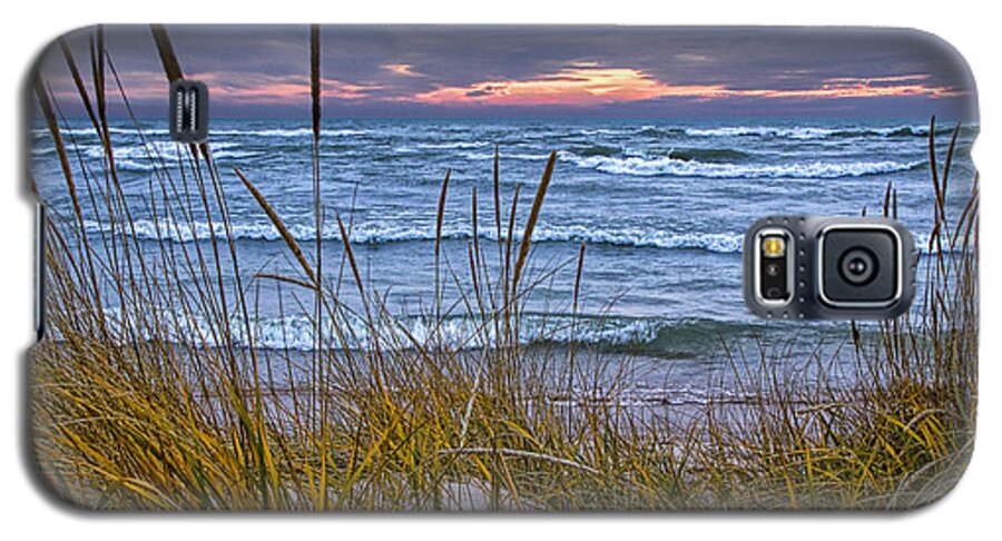 Art Galaxy S5 Case featuring the photograph Sunset on the Beach at Lake Michigan with Dune Grass by Randall Nyhof