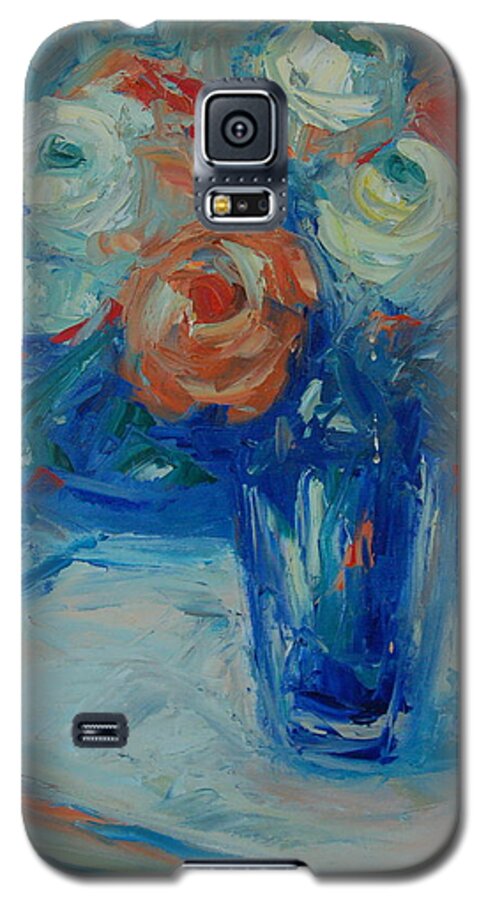 Ten White And Orange Roses In A Blue Vase Galaxy S5 Case featuring the painting Ten White and Orange Roses by Thomas Bertram POOLE