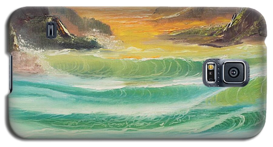Tsunami Galaxy S5 Case featuring the painting The Glow of Sunset by Remegio Onia