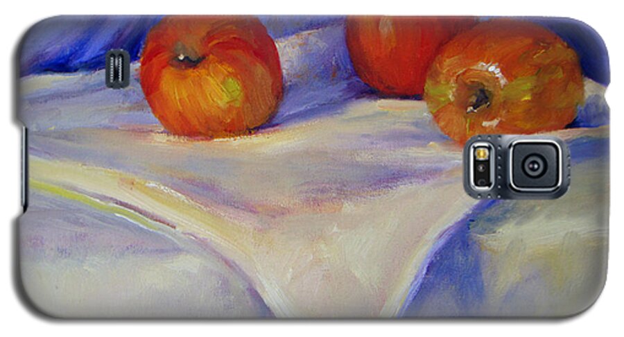 Still Life Galaxy S5 Case featuring the painting Three Apples With Blue And White by Joan Coffey