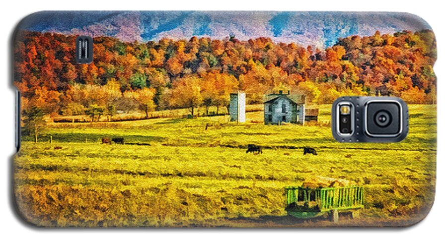 Virginia. Valley. Mountains. Hills. Autumn Landscape. Fall Colors. Barn. Silo. Wagon. Hay. Trees. Forest. Pasture. Grasses. Photography. Digital Art. Prints. Canvas. Texture. Cloudy Skies. Greeting Card. Poster. Fine Art. Farm. Galaxy S5 Case featuring the photograph Virginia Valley by Mary Timman