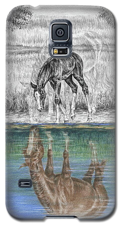Mare Galaxy S5 Case featuring the drawing Contemplating Reality - Mare and Foal Horse Print by Kelli Swan