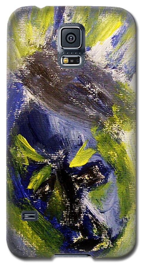 Expression Galaxy S5 Case featuring the painting Despondent Expressionistic Portrait Figure in Blue and Yellow Religious Symbols of Glory Bursting by M Zimmerman MendyZ