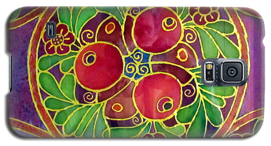 Festive Galaxy S5 Case featuring the painting Festive Pomegranates in gold and vivid colors wall decor in red green purple branch leaves flowers by Rachel Hershkovitz