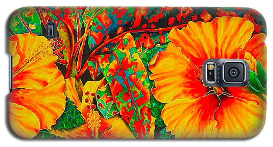 Hibiscus Flower Galaxy S5 Case featuring the painting Hibiscus with Crotons by Daniel Jean-Baptiste
