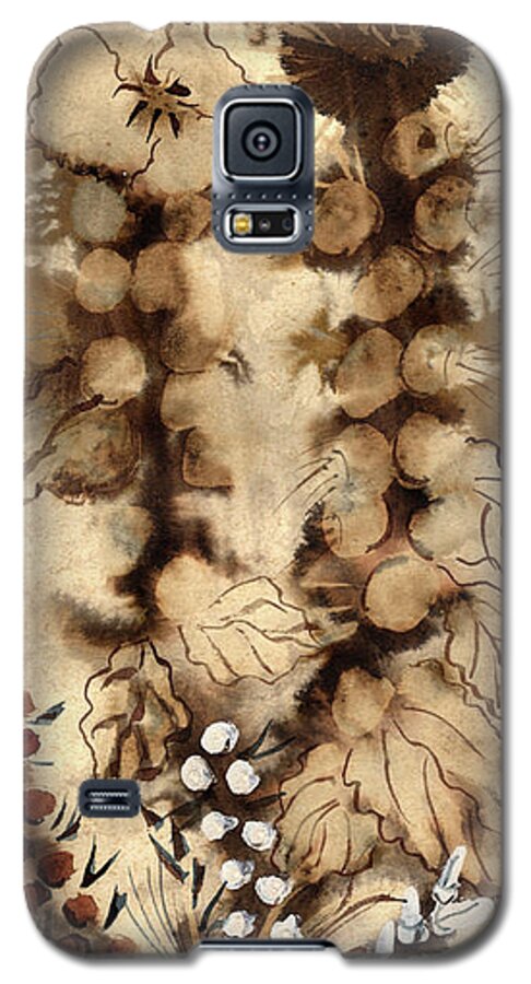 Kotsim Galaxy S5 Case featuring the painting Kotsim thorny desert plants in brown flowers leaves monochrome white  by Rachel Hershkovitz