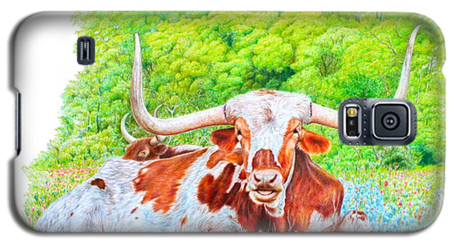 Animal Galaxy S5 Case featuring the drawing Longhorns in Bluebonnets by Mike Ivey