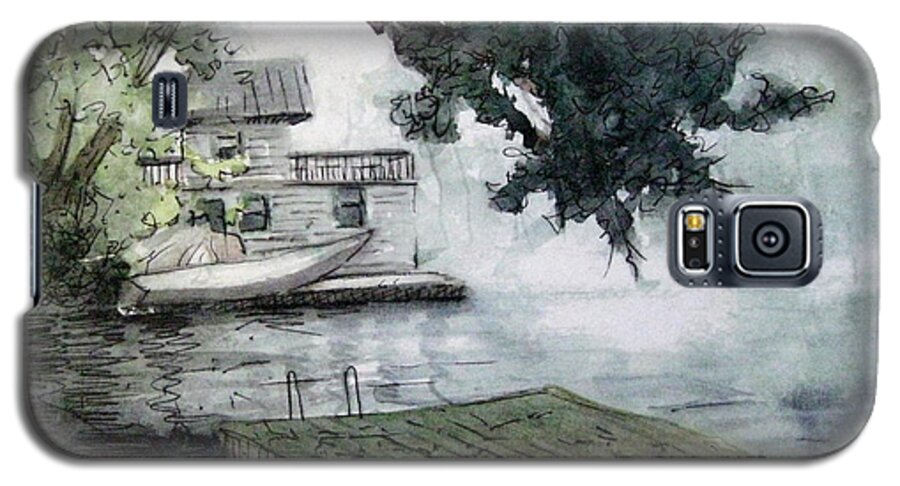 Misty Galaxy S5 Case featuring the painting Misty Dock at Lake Rabun by Gretchen Allen