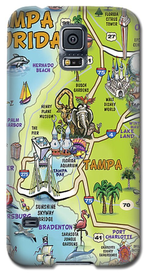 Tampa Galaxy S5 Case featuring the painting Tampa Florida Cartoon Map by Kevin Middleton
