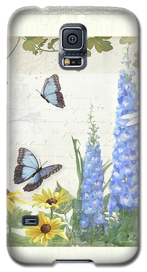 E Petit Jardin Galaxy S5 Case featuring the painting Le Petit Jardin 1 - Garden Floral w Butterflies, Dragonflies, Daisies and Delphinium #1 by Audrey Jeanne Roberts