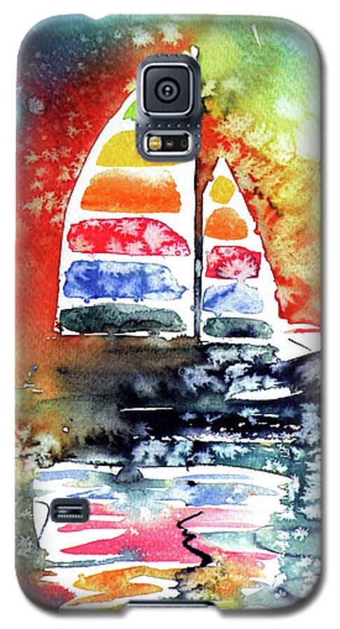 Sailboat Galaxy S5 Case featuring the painting Rainbow sailboat at sunset #1 by Kovacs Anna Brigitta