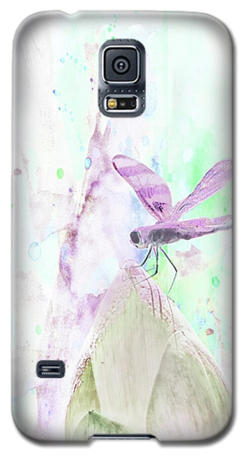 Dragon Fly Perched On Lotus Galaxy S5 Case featuring the mixed media 10864 Dragon Fly by Pamela Williams