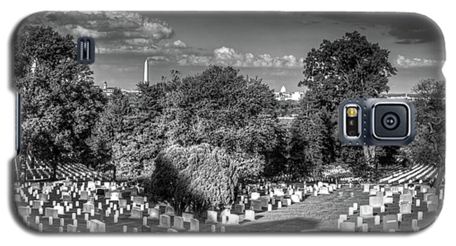 Arlington Cemetery Memorial Black White Washington Dc Virginia Evening Clouds Somber Trees Monument Capitol Galaxy S5 Case featuring the photograph Arlington Cemetery by Ross Henton
