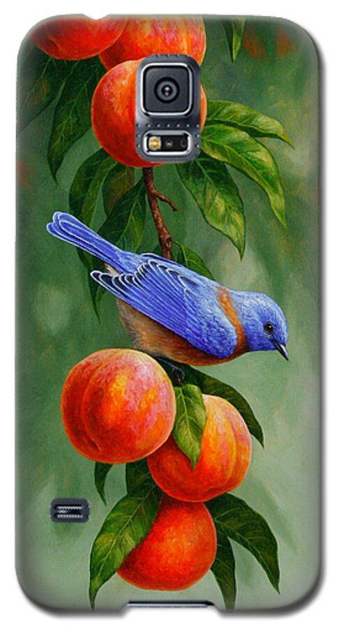 Bird Galaxy S5 Case featuring the painting Bluebird and Peaches Greeting Card 1 by Crista Forest