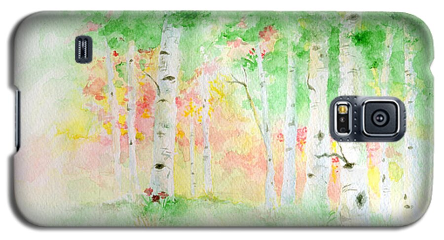 Aspen Tree Forest Woods Woodlands Autumn Fall September Nature Leaves Leaf Foliage Memorial Tribute Watercolor Galaxy S5 Case featuring the painting Aspens by Andrew Gillette