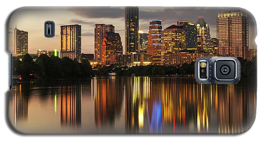 Austin Skyline Galaxy S5 Case featuring the photograph Austin skyline cityscape at night with a glass-like reflection on Ladybird Lake by Dan Herron