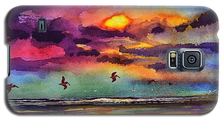 Abstract Galaxy S5 Case featuring the painting Beach sunrise with Pelicans 7-10-17 by Julianne Felton