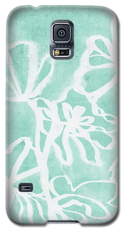 Aqua Galaxy S5 Case featuring the mixed media Beachglass and White Flowers 2- Art by Linda Woods by Linda Woods