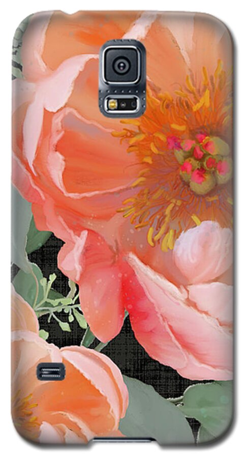 Peach Peony Galaxy S5 Case featuring the painting Bold Peony Seeded Eucalyptus leaves by Audrey Jeanne Roberts