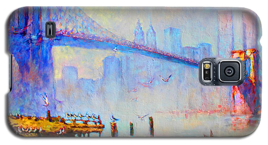 Brooklyn Bridge Galaxy S5 Case featuring the painting Brooklyn Bridge in a Foggy Morning by Ylli Haruni