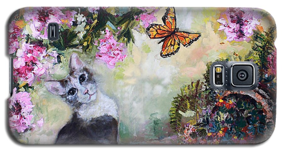 Cats Galaxy S5 Case featuring the painting Cat and Butterflies in Cottage Garden by Ginette Callaway