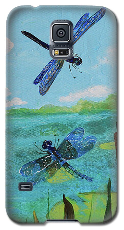 Cattails And Dragonflies By Robin Maria Pedrero Art Galaxy S5 Case featuring the painting Cattails and Dragonflies by Robin Pedrero