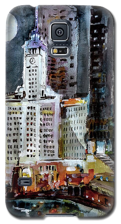 Chicago Galaxy S5 Case featuring the painting Chicago Night Wrigley Building Art by Ginette Callaway