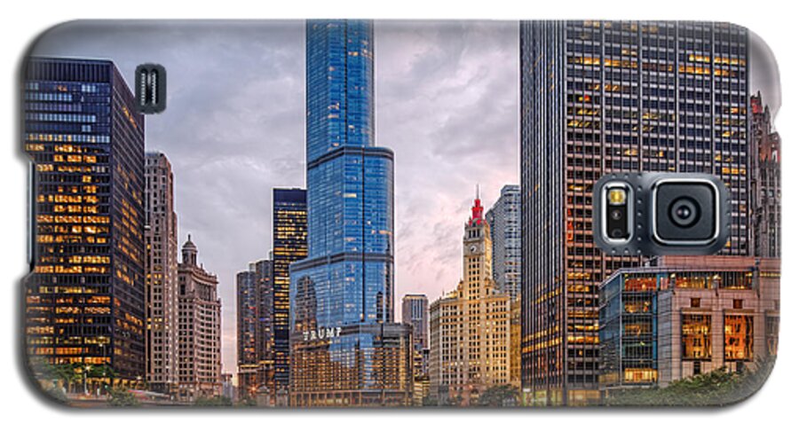 City Galaxy S5 Case featuring the photograph Chicago Riverwalk Equitable Wrigley Building and Trump International Tower and Hotel at Sunset by Silvio Ligutti