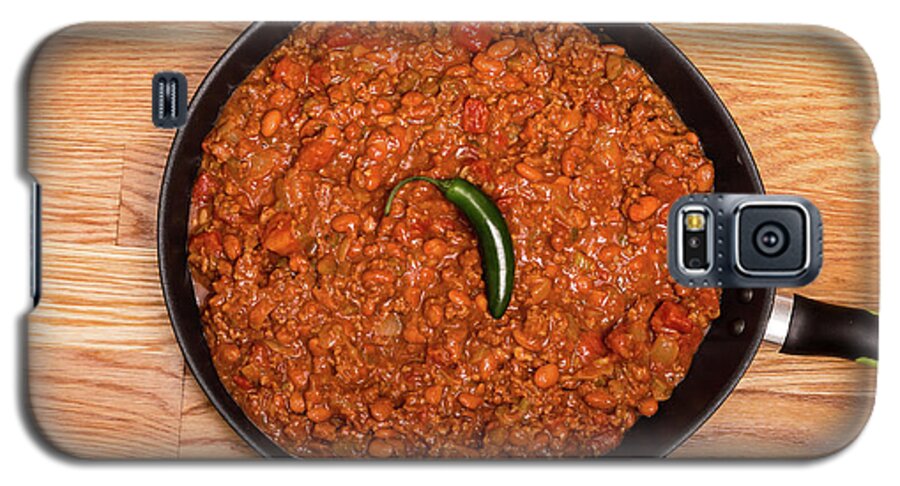 Beans Galaxy S5 Case featuring the photograph Chili in Black Pan on Wood Table with Jalapeno Pepper by Darryl Brooks