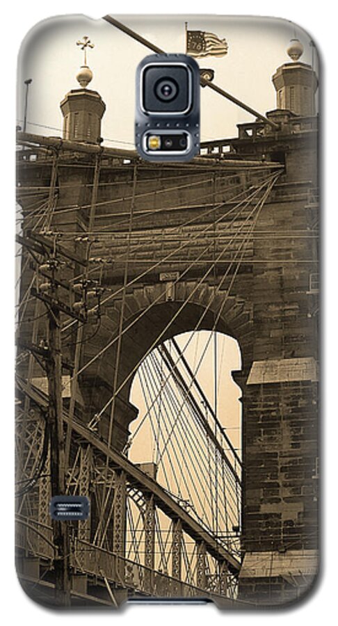 Arches Galaxy S5 Case featuring the photograph Cincinnati - Roebling Bridge 4 Sepia by Frank Romeo