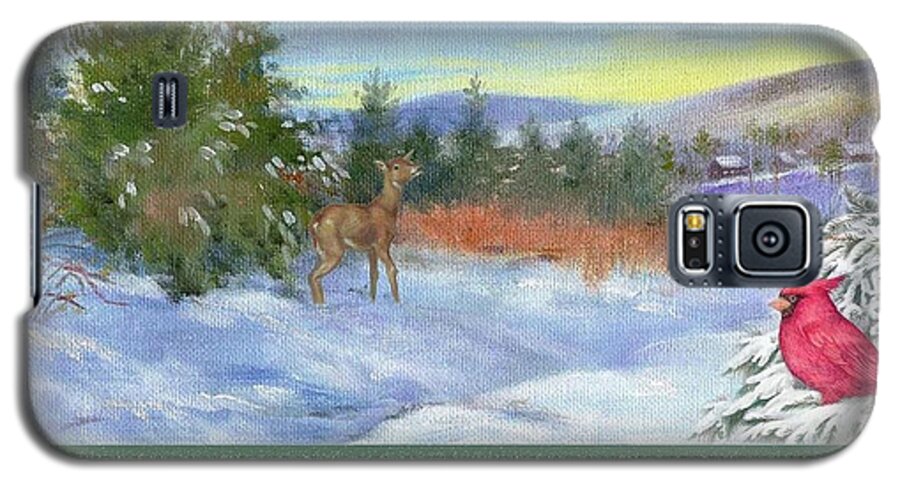 Snowscape Galaxy S5 Case featuring the painting Classic Winterscape with cardinal and reindeer by Judith Cheng